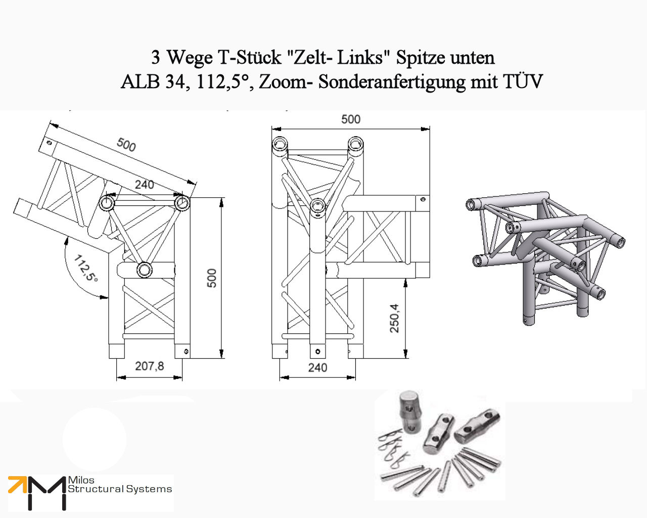 LiteTruss P3-M290, 3 Wege Winkel 112,5°, Spitze unten, li. ALB 34